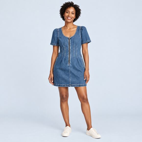 Madewell Dresses & Skirts - Madewell Dress WMNS 00 Blue Puff Sleeve Zip Front A-Line Mini Y2K Denim Revival